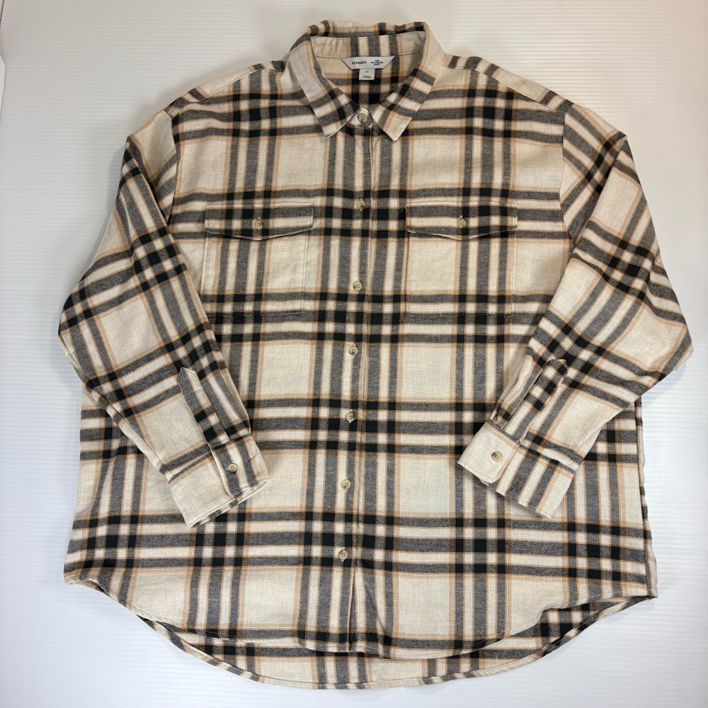 NWT Old Navy Boyfriend Plaid Button Down Shirt Neutral Tan Black XL